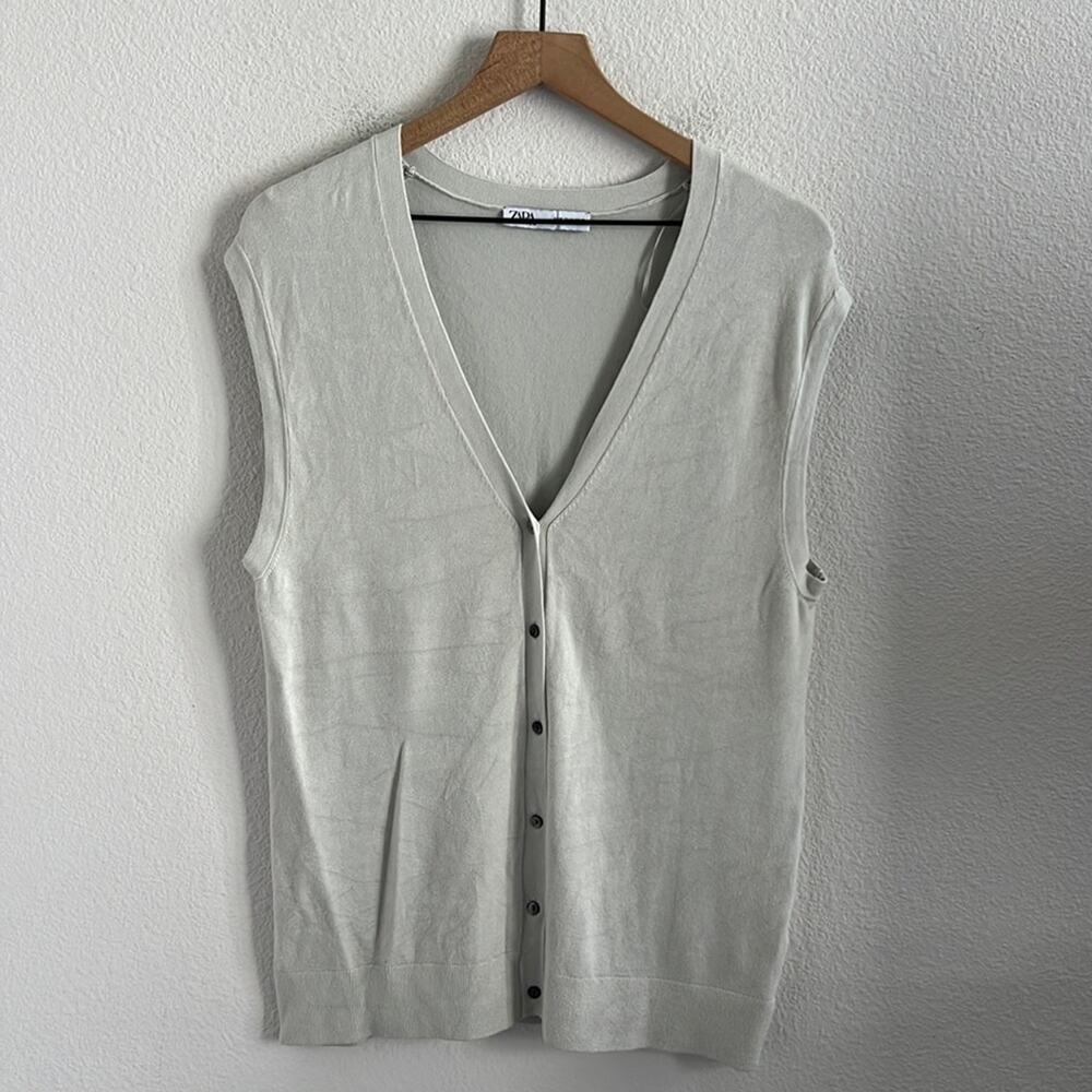 Zara Soft Sweater Vest Longline Button Front Viscose Blend Neutral Gray Hue M